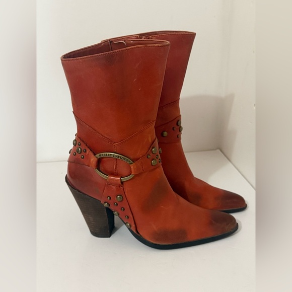 Harley-Davidson Shoes - Harley Davidson | Leather Studded Burnt Red Ombré Heeled Ankle Booties - Size 6